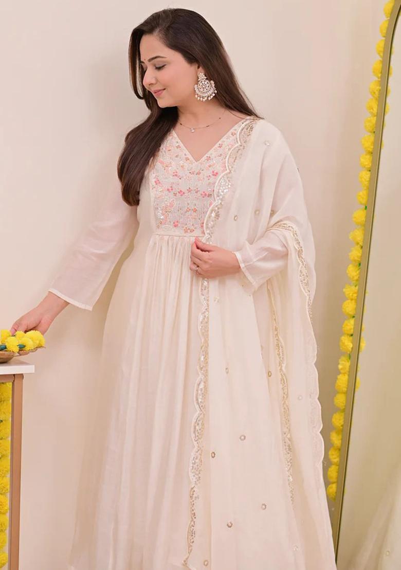 Cream Embroidery Silk Kurta Set - Indya