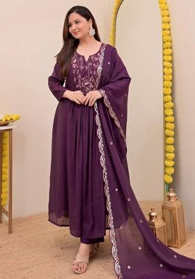 Wine Embroidery Silk Kurta Set