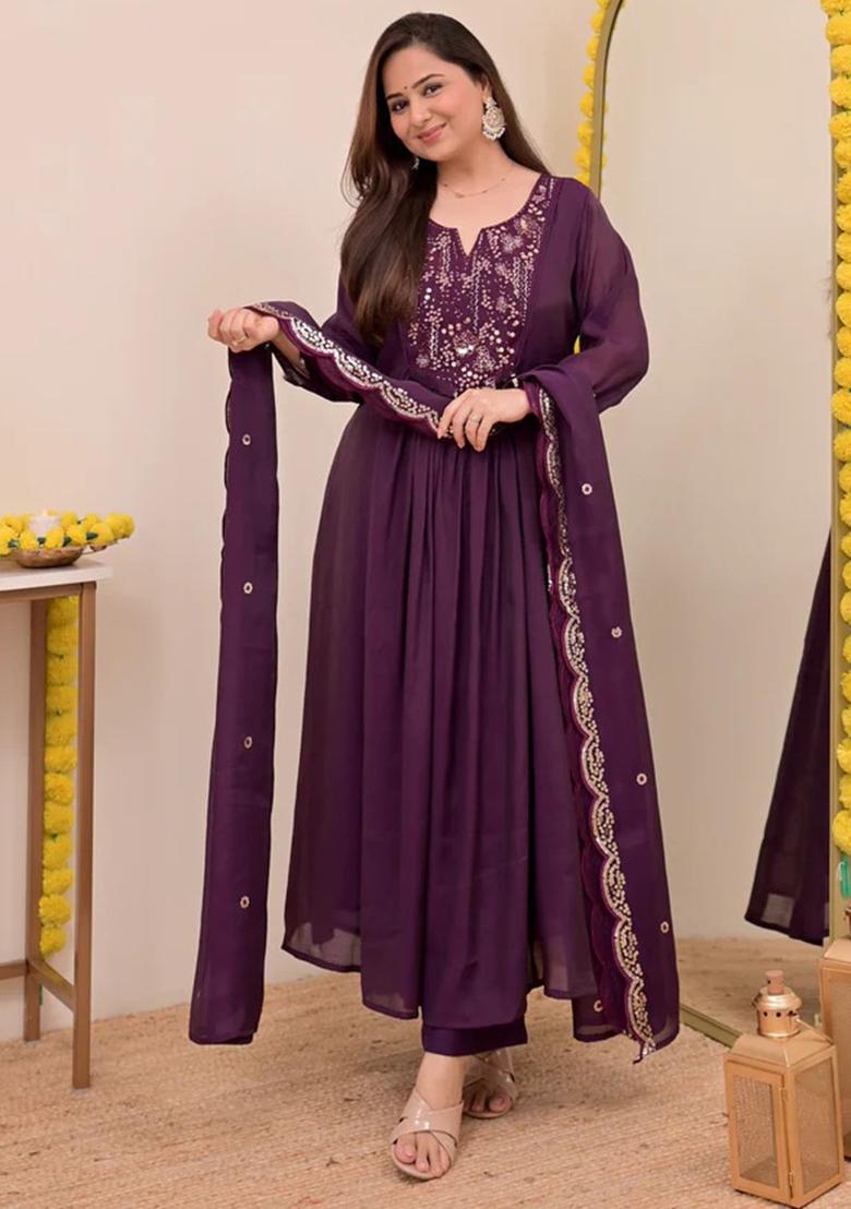 Wine Embroidery Silk Kurta Set - Indya