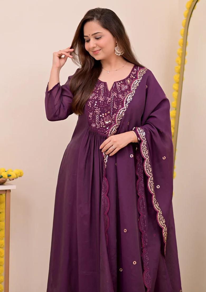 Wine Embroidery Silk Kurta Set - Indya