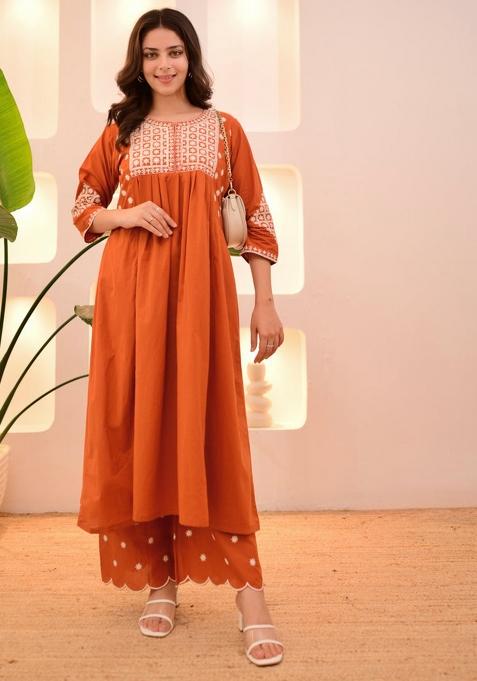 Orange Embroidery Silk Kurta Set