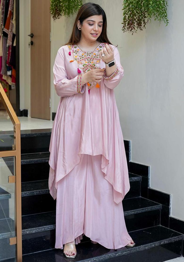 Pink Embroidery Silk Kurta Set - Indya