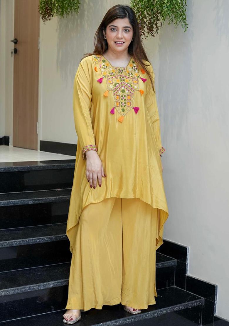 Yellow Embroidery Silk Kurta Set - Indya