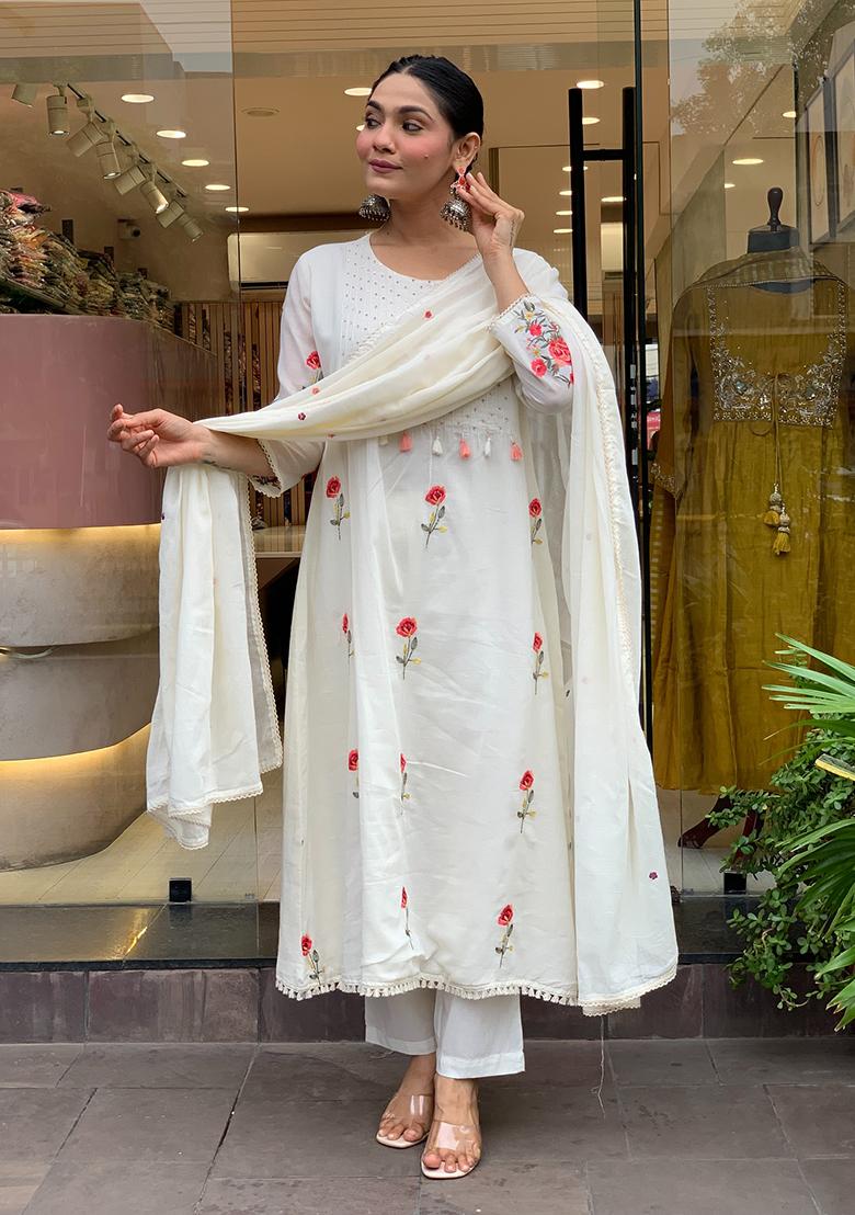 White Embroidery Silk Kurta Set - Indya