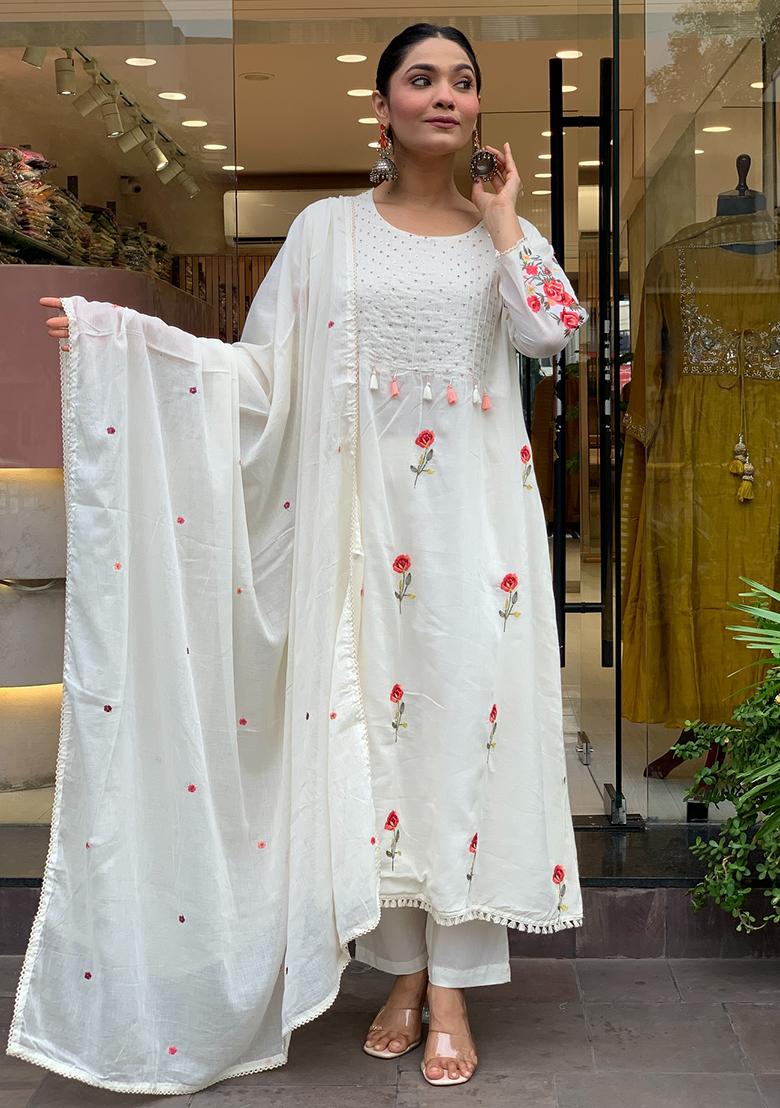 White Embroidery Silk Kurta Set - Indya