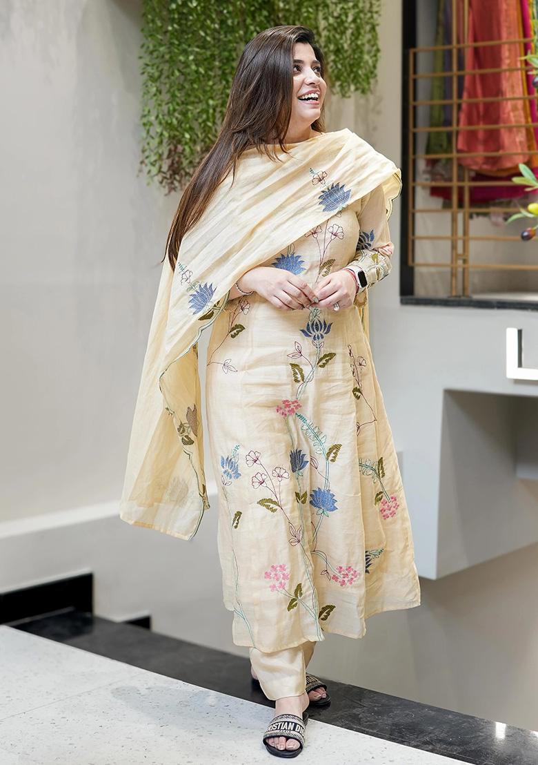 Cream Embroidery Silk Kurta Set - Indya