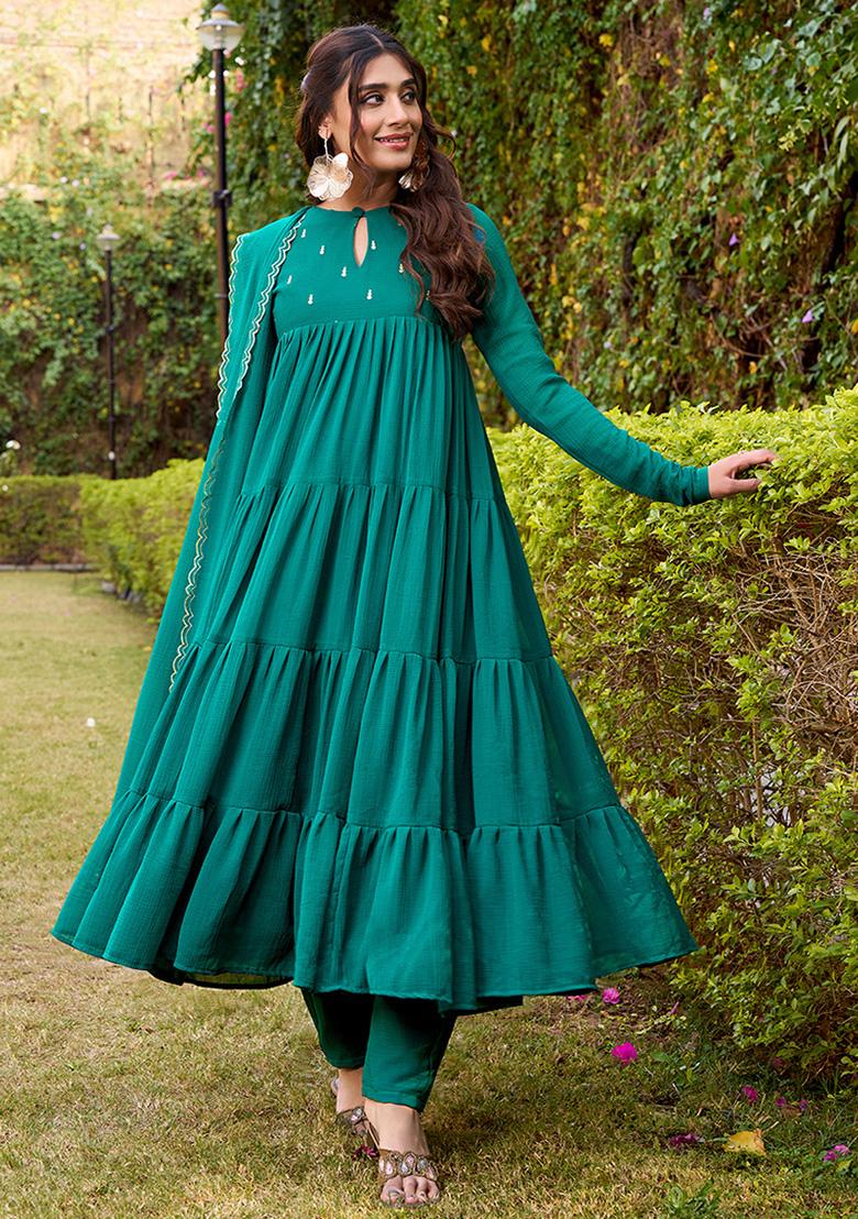 Teal Foil Work Marbel Kurta Set - Indya