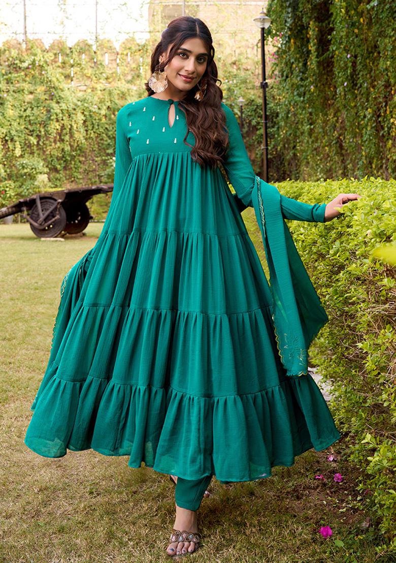 Teal Foil Work Marbel Kurta Set - Indya