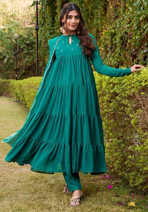Teal Foil Work Marbel Kurta Set