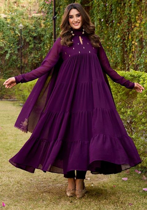 Dark Purple Foil Work Marbel Kurta Set