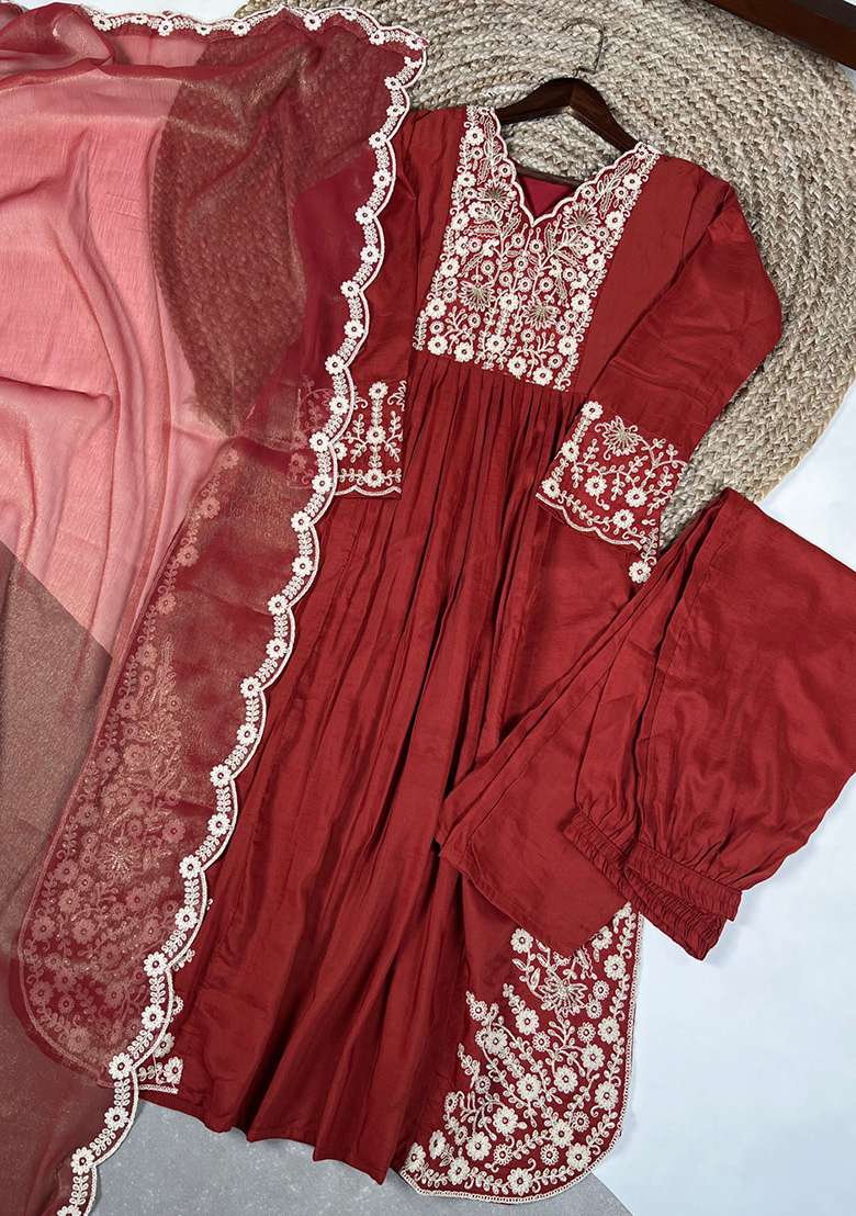 Rust Orange Embroidered Cotton Anarkali Set - Indya