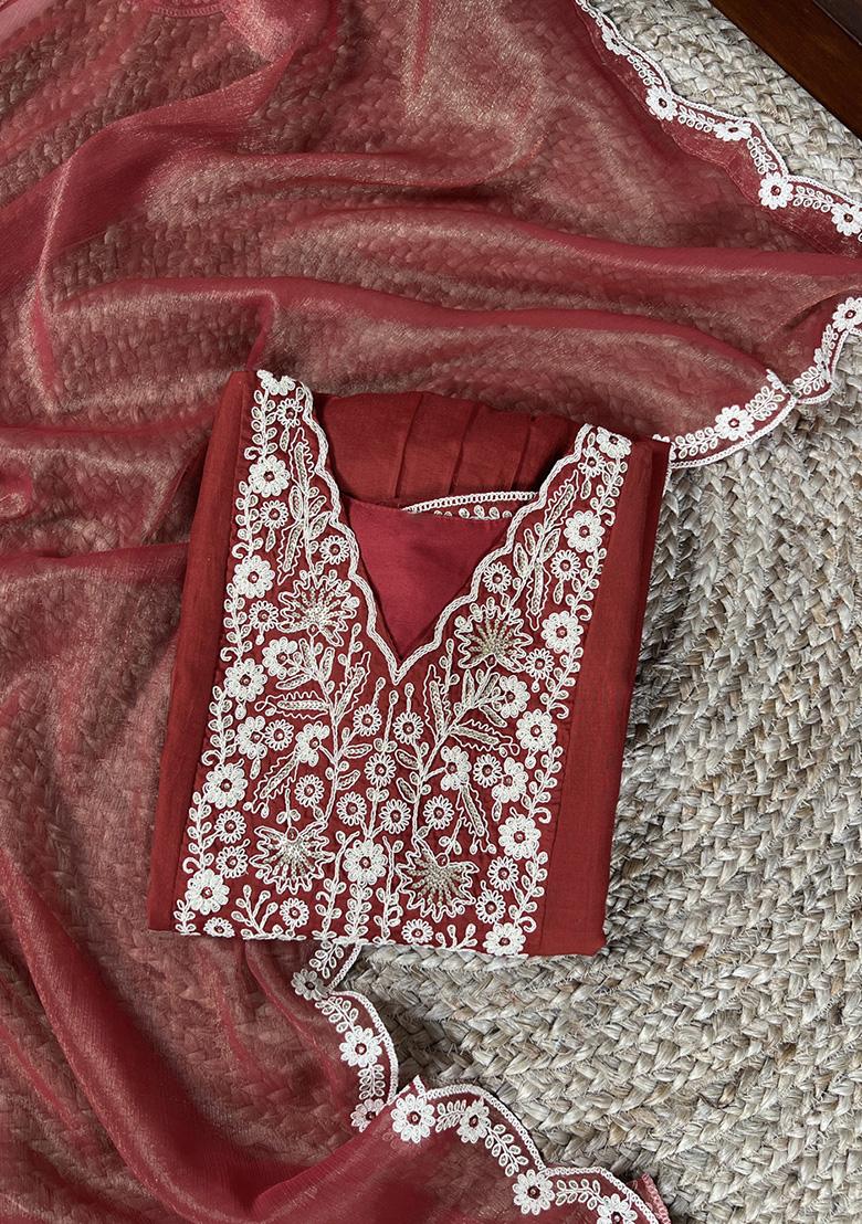 Rust Orange Embroidery Cotton Salwar Suit - Indya