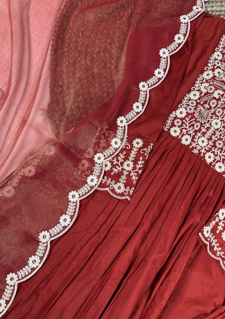 Rust Orange Embroidered Cotton Anarkali Set - Indya