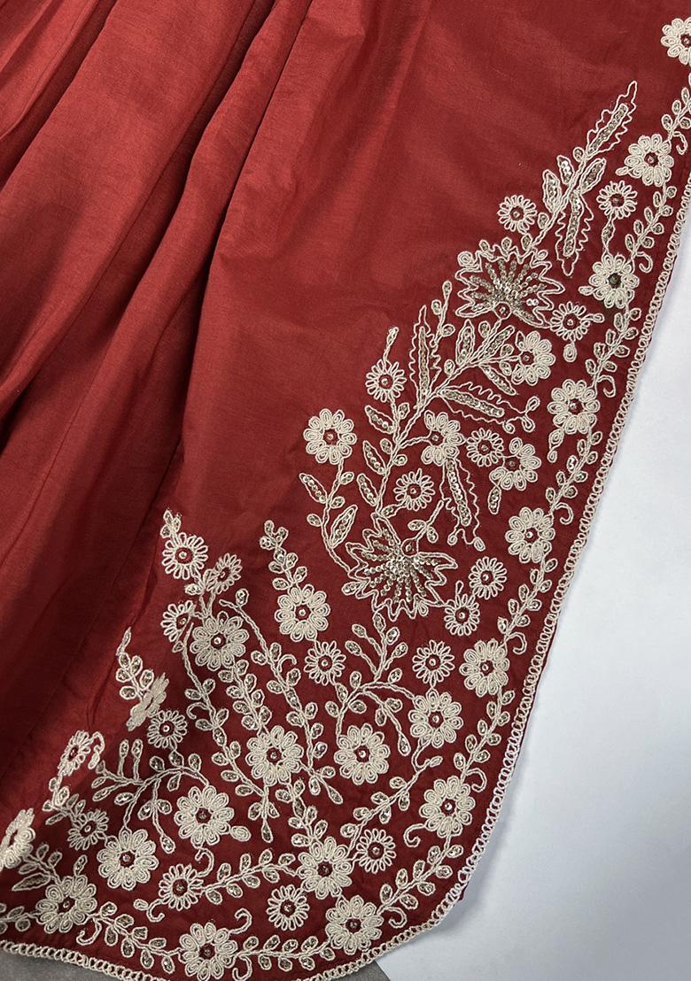 Rust Orange Embroidery Cotton Salwar Suit - Indya