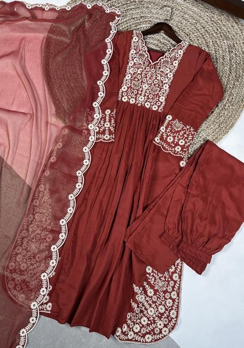 Rust Orange Embroidery Cotton Salwar Suit