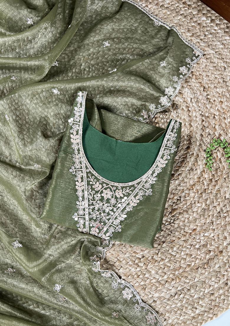 Olive Green Embroidery Blended Salwar Suit - Indya