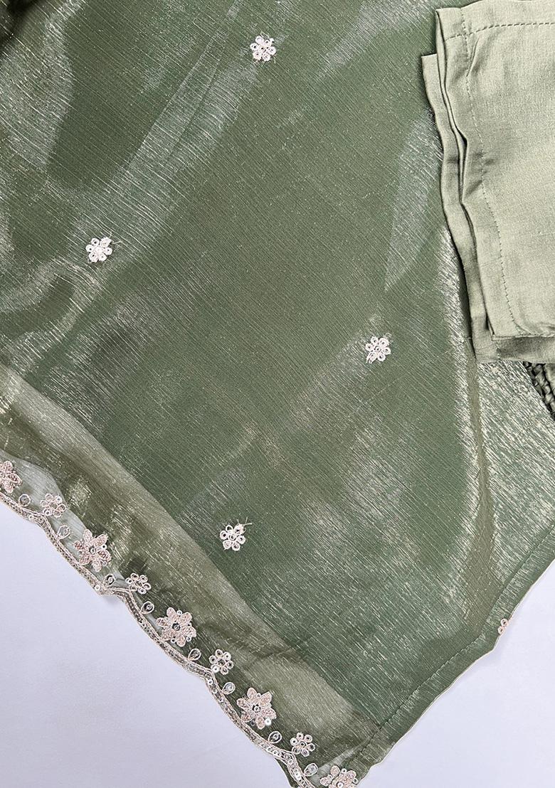 Olive Green Embroidery Blended Salwar Suit - Indya