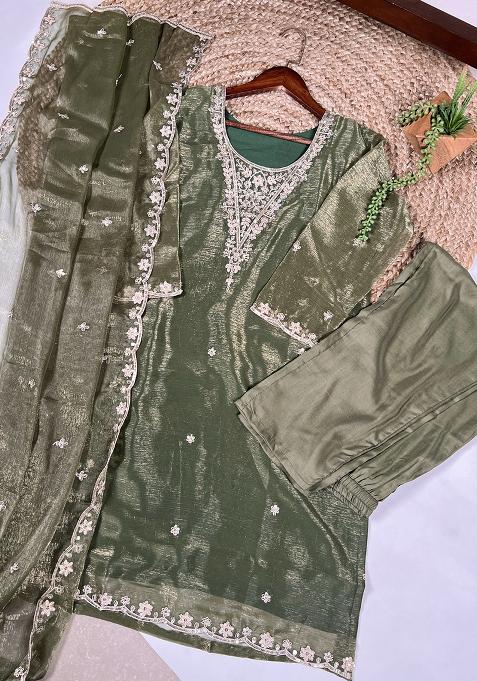 Olive Green Embroidery Blended Salwar Suit