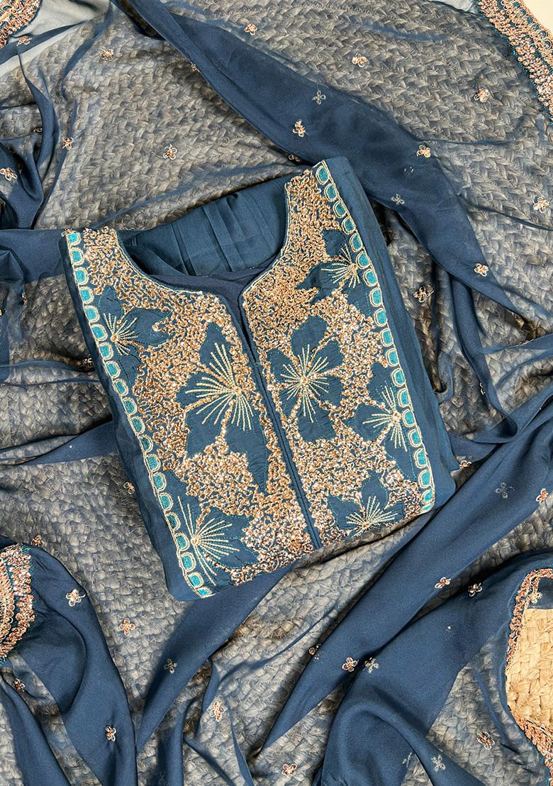 Teal Embroidery Silk Salwar Suit - Indya