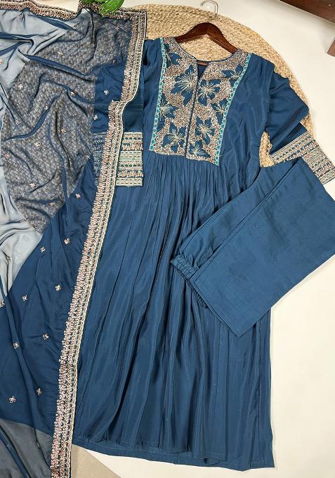 Teal Embroidery Silk Salwar Suit
