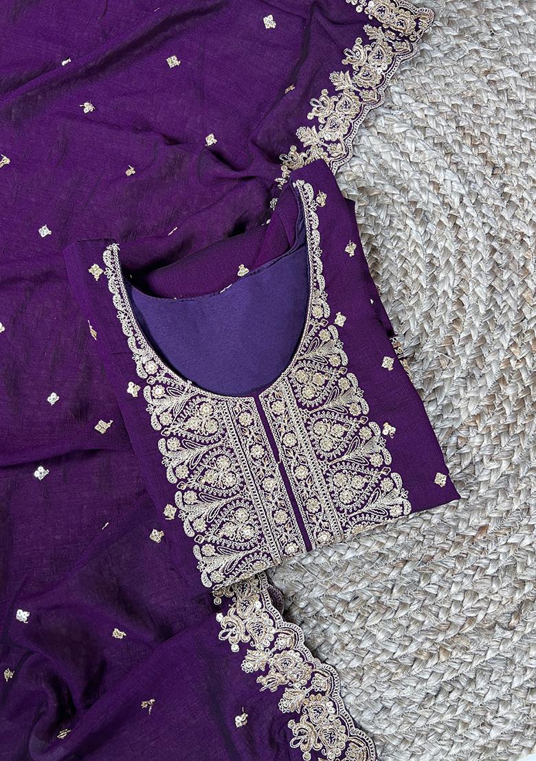 Purple Embroidery Silk Salwar Suit - Indya