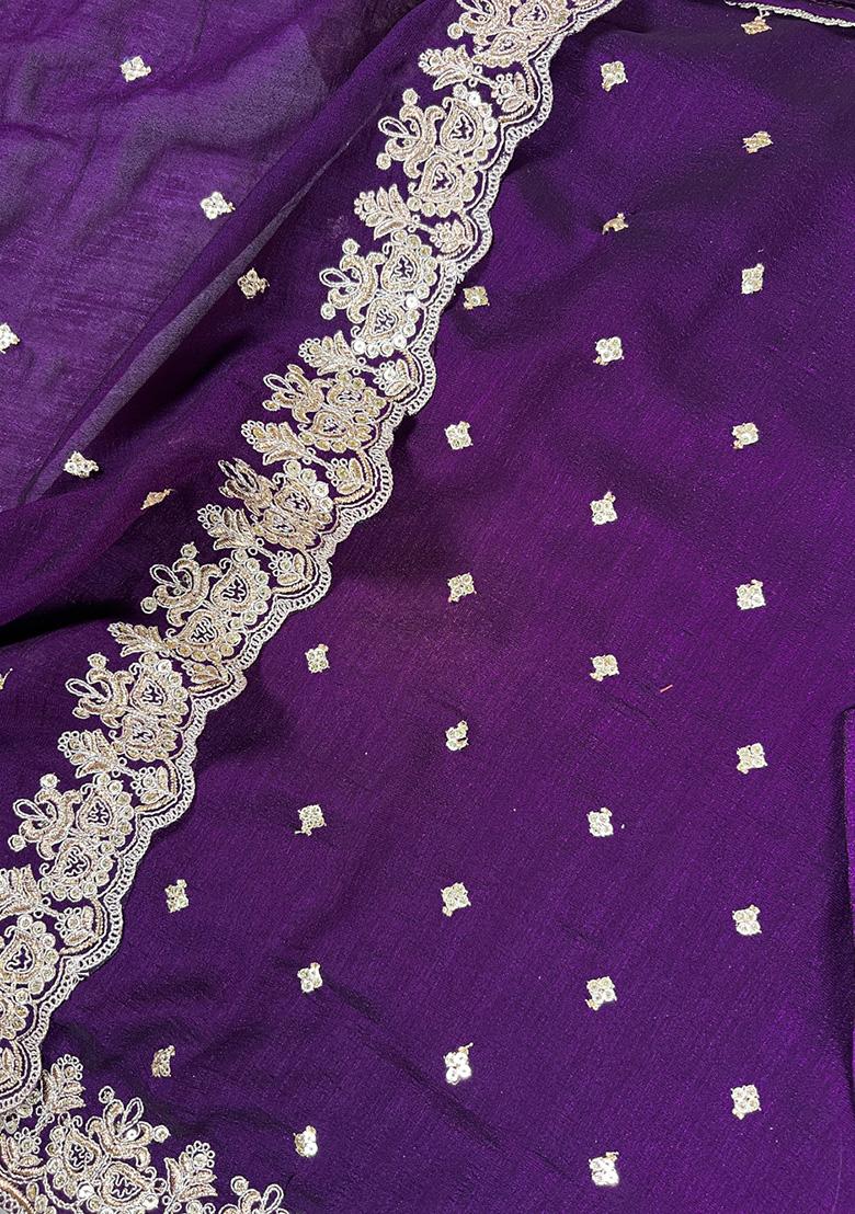 Purple Embroidery Silk Salwar Suit - Indya