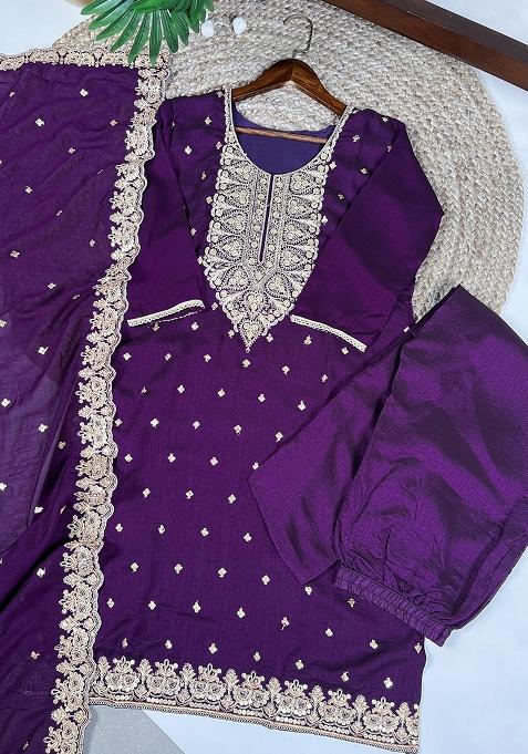 Purple Embroidery Silk Salwar Suit