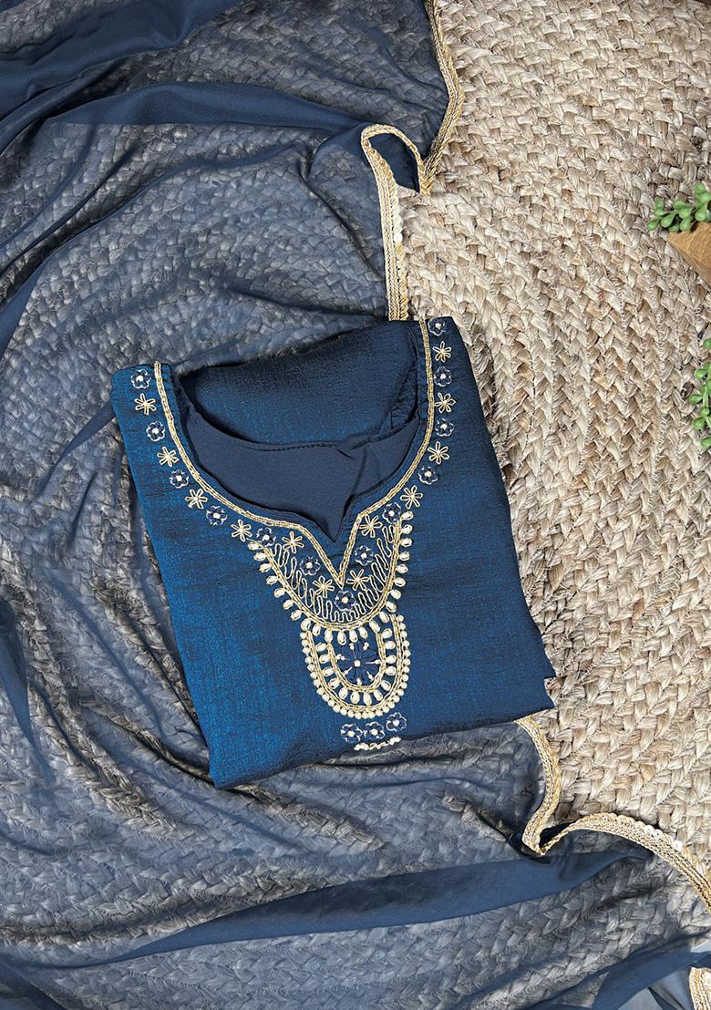 Teal Sequins Silk Salwar Suit - Indya