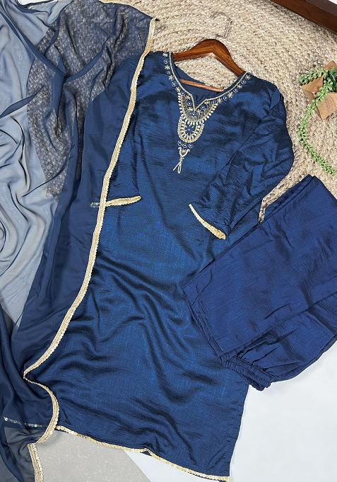 Teal Sequins Silk Salwar Suit