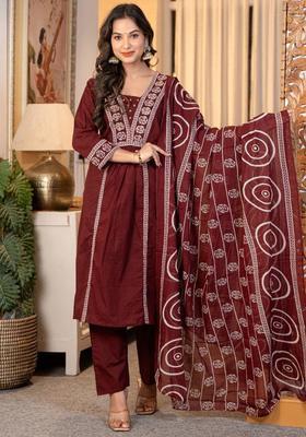 Red Embroidery Cotton Kurta Sets