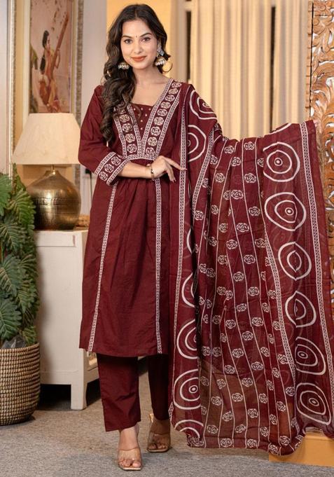 Red Embroidery Cotton Kurta Sets