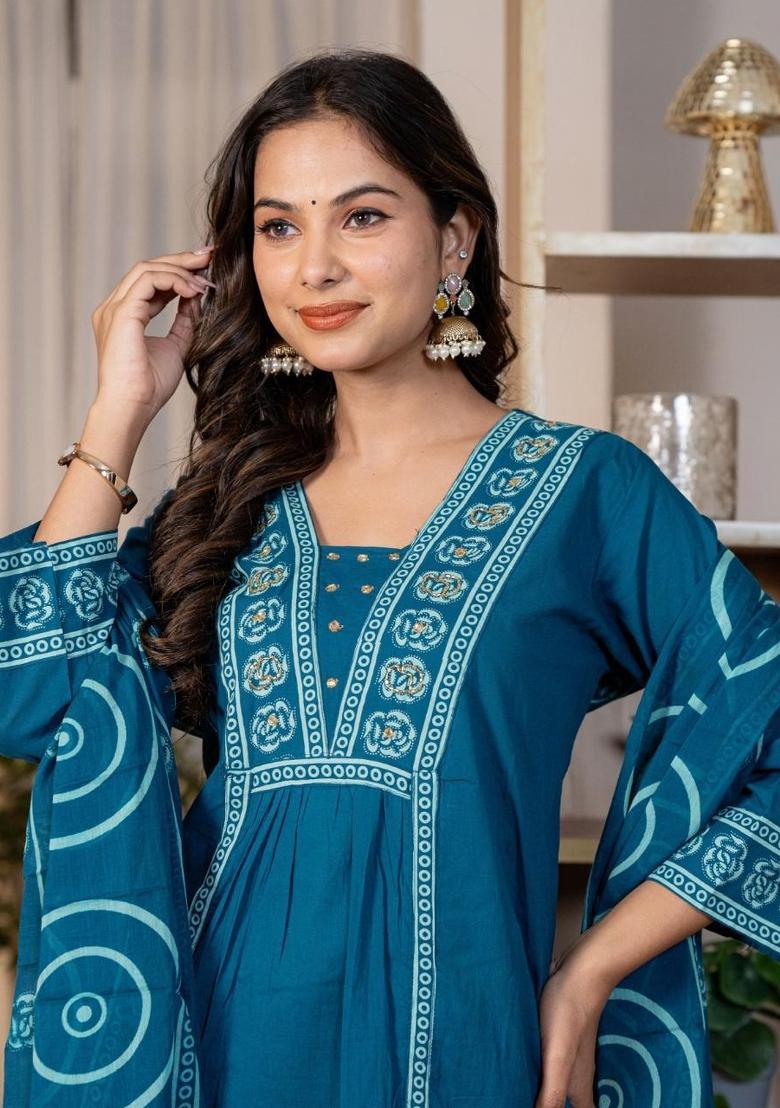 Blue Embroidery Cotton Kurta Sets - Indya
