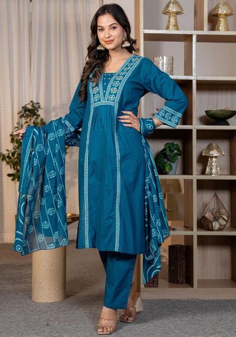 Blue Embroidery Cotton Kurta Sets