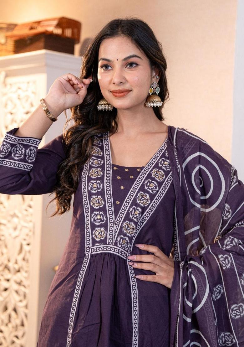Purple Embroidery Cotton Kurta Sets - Indya