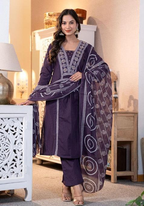 Purple Embroidery Cotton Kurta Sets