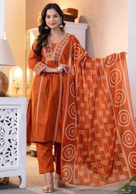 Orange Embroidery Cotton Kurta Sets