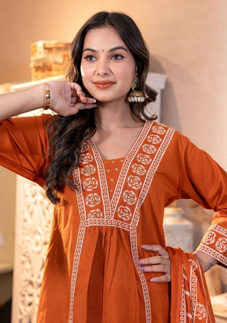 Orange Embroidery Cotton Kurta Sets - Indya