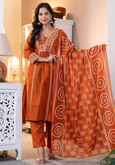 Orange Embroidery Cotton Kurta Sets