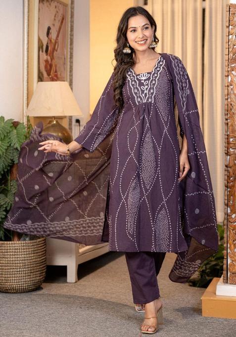 Purple Embroidery Cotton Kurta Sets