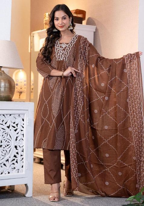 Brown Embroidery Cotton Kurta Sets
