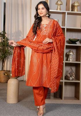 Orange Embroidery Cotton Kurta Sets