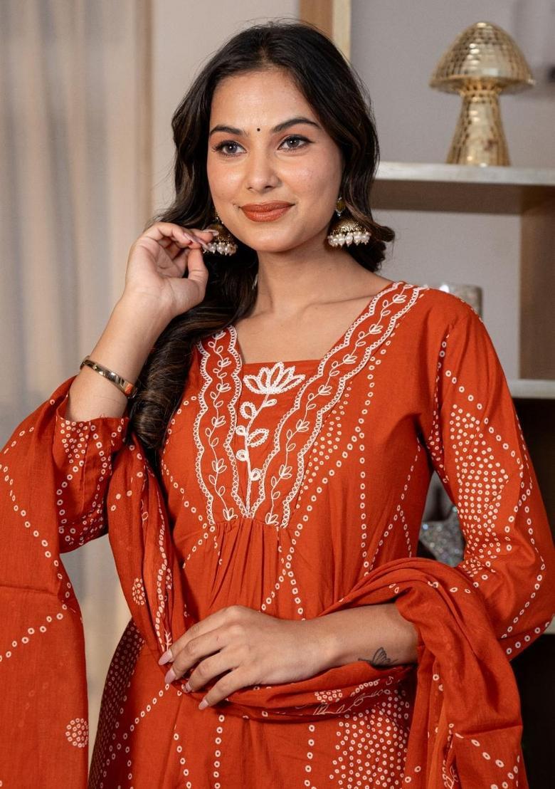 Orange Embroidery Cotton Kurta Sets - Indya