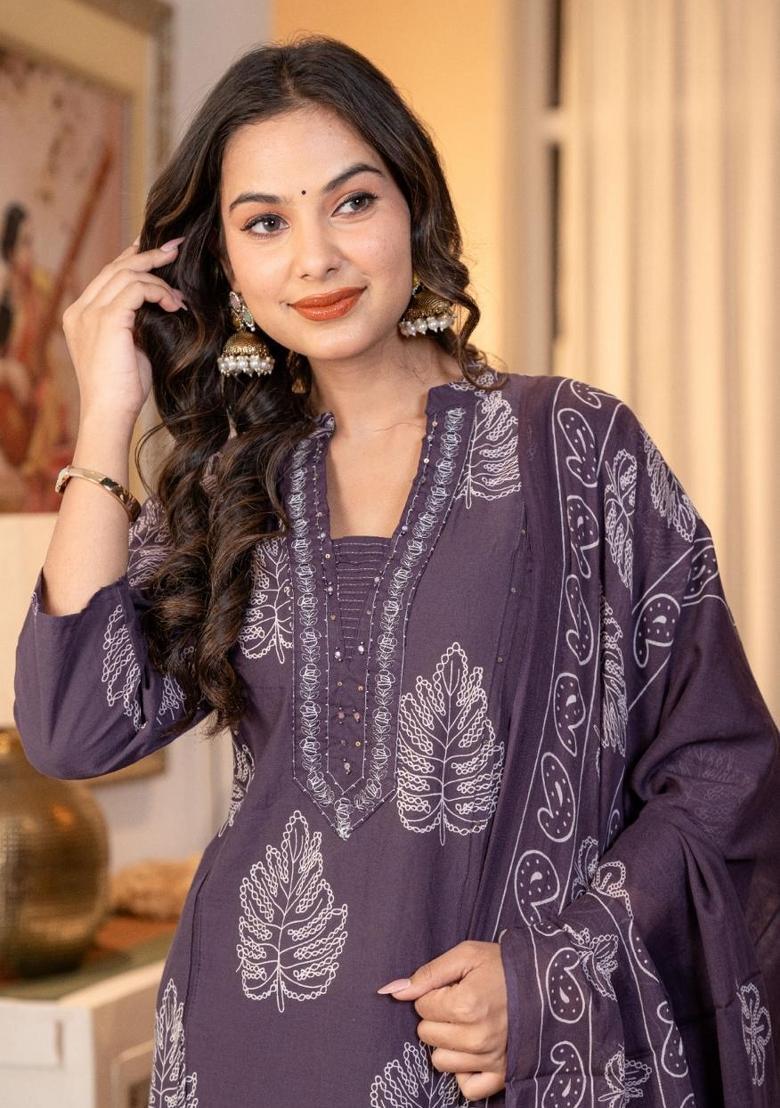 Purple Embroidery Cotton Kurta Sets - Indya