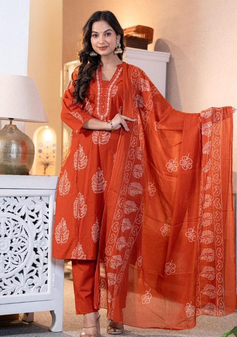 Orange Embroidery Cotton Kurta Sets - Indya
