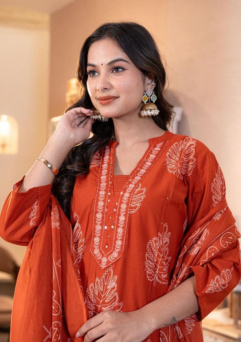 Orange Embroidery Cotton Kurta Sets - Indya