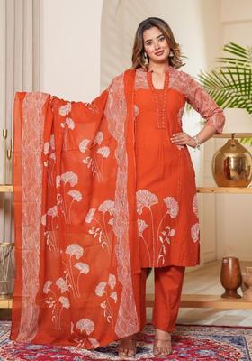 Orange Embroidery Cotton Kurta Sets