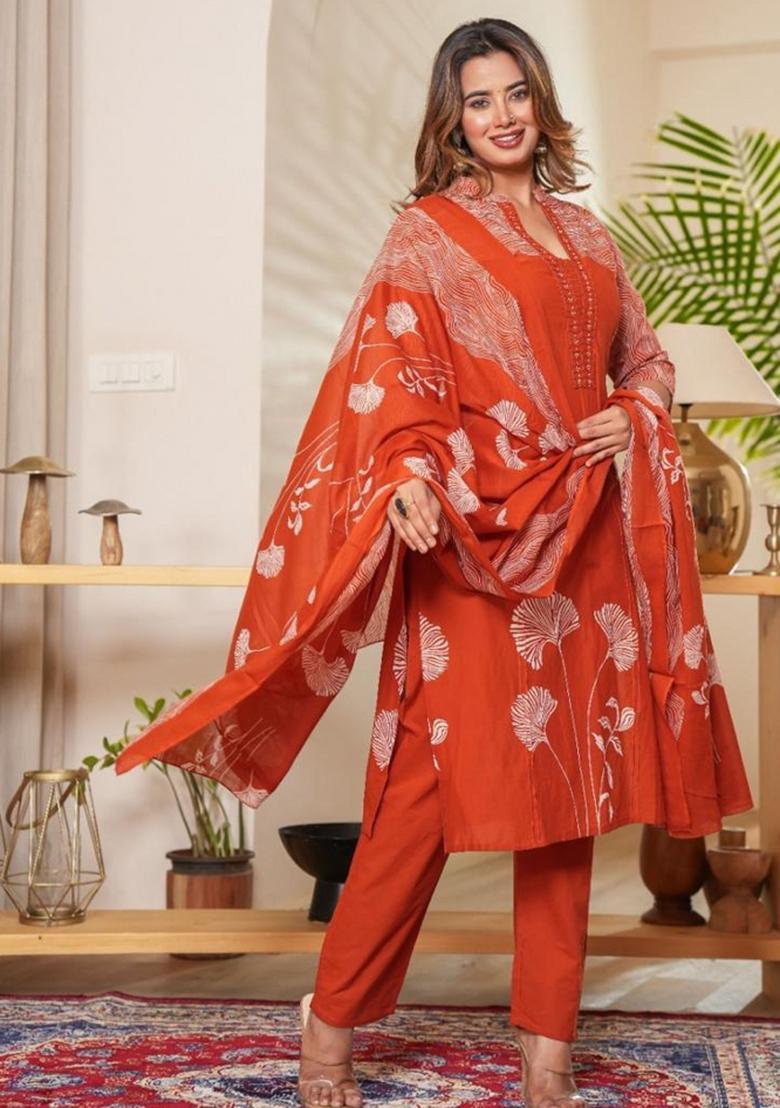 Orange Embroidery Cotton Kurta Sets - Indya