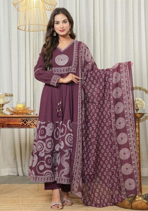 Purple Embroidery Cotton Kurta Sets