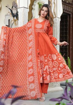 Orange Embroidery Cotton Kurta Sets