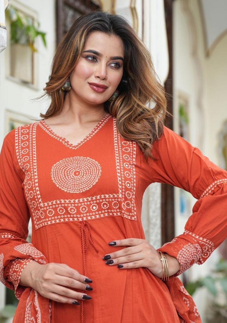 Orange Embroidery Cotton Kurta Sets - Indya